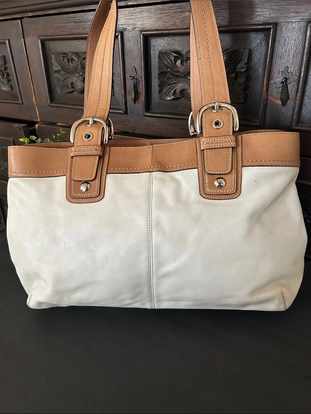 Coach Cream Canvas Shoulder Bag with Tan Leather Trim
